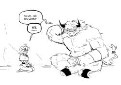 1boy 1boy1girl 1girls black_and_white eclair_(spicymancer) female hooves horns horns_and_hooves male minotaur monochrome muscular_male nipple_piercing nipple_piercings size_difference smaller_female spicymancer text