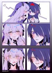 2girls acheron_(honkai:_star_rail) bite_mark bite_mark_on_neck black_swan_(honkai:_star_rail) cmin_001 female/female female_only headwear honkai:_star_rail honkai_(series) hoyoverse kissing kissing_cheek kissing_neck lipstick lipstick_mark multiple_girls pink_hair purple_eyes purple_hair rough_kiss smile yuri