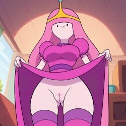 1girls adventure_time ai_generated breasts cartoon_network dress dress_lift female female_only long_hair looking_at_viewer no_panties pink_hair presenting presenting_pussy princess_bubblegum puffy_pussy pussy royalty smile solo solo_female stable_diffusion thick_thighs thighhighs tiara