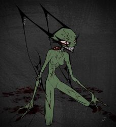 alien antennae_(anatomy) blood bodily_fluids breasts claws clenched_teeth darkryn_(artist) eyelashes female genitals grin humanoid invader_zim irken nickelodeon piercing pussy sharp_teeth skylar_(ryn) smile solo teeth