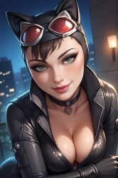 1girls 2024 2024s ai_generated batman:_arkham_city batman_(series) big_breasts black_hair black_leather bodysuit breasts cat_ears catsuit catwoman catwoman_(arkham) catwoman_(arkham_city) choker civitai cleavage close_up dc dc_comics female female_focus female_only gloves goggles_on_head green_eyes hair human human_female lamancha50002310_(artist) leather_suit lying_on_side night outdoors pony_diffusion_(model) pony_diffusion_xl red_lenses rooftop seductive selina_kyle smile smiling smiling_at_viewer solo solo_female solo_focus stable_diffusion video_games villainess zipper