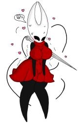 big_breasts black_eyes excited female girl heart hollow_knight hollow_knight_(character) hornet_(hollow_knight) horns needle red_dress