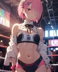 ai_generated boxing boxing_ring boxing_shorts pink_eyes pink_hair ram_(re:zero) re:zero_kara_hajimeru_isekai_seikatsu