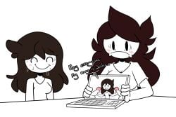 2024 2boys 2girls :i bluejr blush brown_hair closed_eyes embarrassed english_dialogue english_text female female_focus jaiden jaiden_animations laptop mob_face nervous paradox penis shirt smile smiling sweat sweatdrop t-shirt text youtube youtuber youtuber_girl