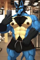 abs anthro beard black_hair blue_body blue_fur body_hair bulge canid chest_hair dream_and_nightmare electronics facial_hair fur generation_4_pokemon gym hair hi_res lucario male mammal muscular muscular_anthro muscular_male nintendo pecs phone pokemon pokemon_(species) pubes selfie solo solo_male