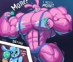anthro big_muscles blue_fur bunny_ears bunny_girl dialogue fluffy_(toonpower) furry large_muscles lollipop muscular_female nodegama pink_fur rabbit red_eyes text transformation tuffy_(toonpower)
