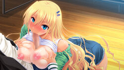 blonde_hair blue_eyes blush breasts censored erect_nipples fellatio female game_cg gokkun_athlete!_kyonyuu_medalist_no_oshaburi_kyouka_gasshuku hair hairclip kneeling large_breasts long_hair nipples no_bra oral paizuri penis rena_route shirt_lift tanline