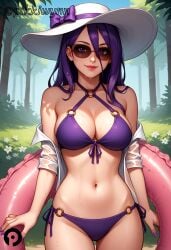 ai_generated bikini bow breasts caitlyn_kiramman cleavage cowboy_shot day female flower forest front-tie_bikini_top front-tie_top hair_between_eyes halterneck hat hat_bow innertube large_breasts league_of_legends lips long_hair looking_at_viewer nail_polish nature navel o-ring o-ring_bikini off_shoulder open_clothes open_shirt outdoors pikkiwynn purple_bikini purple_bow purple_eyes purple_hair purple_nails shirt side-tie_bikini_bottom smile solo stomach string_bikini sun_hat sunglasses swimsuit thigh_gap tinted_eyewear tree wet wet_clothes wet_shirt white_flower white_headwear white_shirt