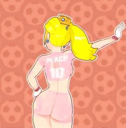 1girls ass blonde_hair bobcheez bodypaint breasts from_behind hand_on_hip mario_(series) mario_strikers mario_strikers_peach_back_view_redraw_(meme) nude painted_clothes pink_shorts ponytail princess_peach solo tagme