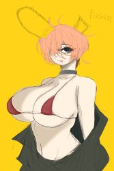 big_breasts bikini_top black_eyes breasts chainsaw_man female female_only hair_over_one_eye pochita_(chainsaw_man) shirt shirt_down short_hair