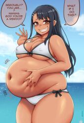 beach beach_background belly belly_bulge belly_expansion belly_grab belly_inflation belly_overhang big_belly fat fat_butt fat_fetish hayase_nagatoro kipteitei obese obese_female overweight overweight_female please_don't_bully_me,_nagatoro sweat sweaty