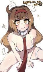 1girls bikini blush bottomless brown_eyes brown_hair collar hairband leash lobotomy_corporation long_hair looking_at_viewer malkuth_(lobotomy_corporation) project_moon renata11033 sitting smile solo sweat tail text thick_thighs
