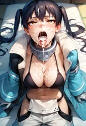 ai_generated black_hair blush bra cum cum_in_mouth cum_on_breasts en'en_no_shouboutai enen_no_shouboutai facial fire_force kotatsu_tamaki oblivion0721 open_mouth pony_diffusion_xl sitting_on_bed stable_diffusion tongue_out white_skin yellow_eyes