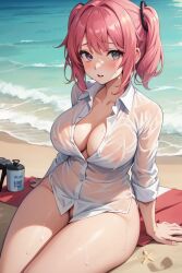 ai_generated beach blush breasts chubai chubby giant_breasts nipples_visible_through_clothing shirt_only tagme thick_thighs wet_clothes wet_shirt