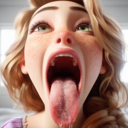 1girls ahe_gao ahegao_face ai_generated blonde_hair braided_ponytail close-up cute disney disney_princess female freckles green_eyes light-skinned_female long_hair mouth_fetish open_mouth oral oral_invitation petite ponytail presenting_mouth presenting_throat quakerflack rapunzel saliva saliva_drip seductive_mouth skinny slim tagme tangled teenager throat tongue_out very_long_hair vore young