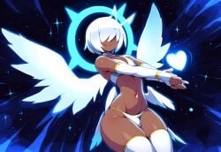 1boy ai_generated alriel angel angel_wings bulge dark-skinned_male dark_skin divine_slut femboy girly halo mullon novelai sissy solo space thick_thighs trap