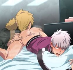 2boys anal ass bed blonde_hair blush bottomless eating_ass gay kemono_jihen kohachi_inugami long_hair male_focus male_only muscle pillow rimming silver_hair steam sweat t2wk yaoi