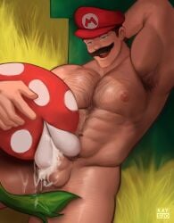 armpit_hair armpits bara blowjob blue_eyes body_hair cum grass hat human human_on_plant kaysuo male male_only mario mario_(series) moustache muscles piranha_plant plant