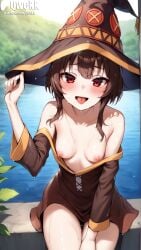 ai_generated bare_shoulders blush breasts brown_hair female female_focus female_only hat kono_subarashii_sekai_ni_shukufuku_wo! light-skinned_female light_skin megumin nipples nsfw patreon petite qwekk red_eyes small_breasts stable_diffusion tongue tongue_out wet wet_body