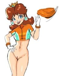 bare_legs blue_eyes blush bottomless brown_hair clothes_pull crown curvy earrings flower_earrings gloves groin jewelry legs mario_(series) mario_strikers naughty_face nintendo nipples_visible_through_shirt no_panties orange_shorts playing princess_daisy pussy seductive_smile shirt shorts shorts_pull smile soccer_uniform sportswear sunbeam sunbeam_(artist) super_mario_strikers tomboy tongue tongue_out voloptuous
