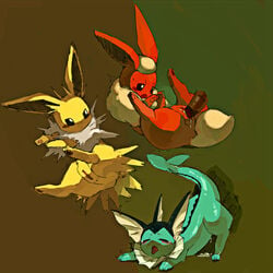 anus blue_fur blush brown_background closed_eyes cum cum_drop cum_in_pussy cum_inside cum_pool doggy_style eeveelution flareon from_behind ghost_penis halsione jolteon looking_back looking_down orange_fur paws penetration plain_background pokémon_(species) pokemon pokemon_(species) spreading tongue tongue_out vaginal_penetration vaporeon yellow_fur