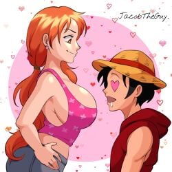 1boy 1boy1girl 1girls big_breasts black_hair breast_awe breast_focus breasts cleavage drooling female hands_on_hips heart heart_eyes jacobtheguy long_hair looking_at_breasts male monkey_d_luffy nami ogling one_piece orange_hair pants ponytail short_hair side_view smile straw_hat tank_top