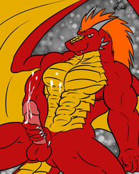 1boy abs balls beefy biceps big claws cum cum_on_self dracos dragon looking_at_viewer male male_only muscles nude pecs penis red_body saixyuniz-xynz scalie solo uncut