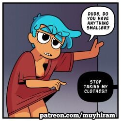 arm_on_wall big_shirt black_eyes blue_hair breasts breasts_out demon_and_mess english_dialogue english_text eyebrows_visible_through_hair fani_(muyhiram) grey_background holding_shirt looking_at_partner medium_breasts muyhiram nipples oversized_clothes oversized_shirt shirt_only short_hair