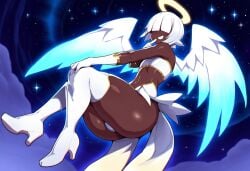 1boy ai_generated alriel angel angel_wings bulge dark-skinned_male dark_skin divine_slut femboy floating girly halo mullon novelai original_character sissy solo space thick_thighs trap