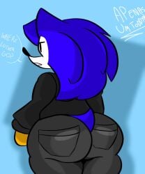 1girls anthro apenasumtoddyn ass big_ass black_shirt clothed clothing female female_anthro female_only gloves hedgehog hedgehog_girl hedgehog_humanoid jeans needlemouse_(character) needlemouse_(series) pants sarah_henderson_(needlemouse) shirt yellow_gloves