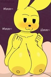 1boy 1girls 2023 :3 anthro anthrofied areolae big_breasts blush breasts dialogue female hi_res human_on_anthro large_breasts male male/female paizuri rabbit rabbit_ears scared scp-729-j scp_foundation smile thekingangus yellow_body yellow_skin