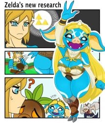 3_fingers anthro blonde_hair blue_bokoblin blue_skin bokoblin breath_of_the_wild hooved_feet hooves implied_transformation link link_(breath_of_the_wild) long_hair monster_girl pig_nose post_transformation princess_zelda shortstack the_legend_of_zelda transformation urusee584 white_markings wide_hips zelda_(breath_of_the_wild)