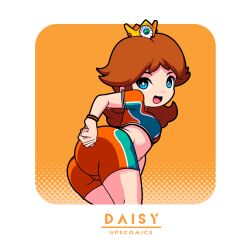 :d ass bent_over blue_eyes breasts brown_hair clothing crop_top crown daisy's_hot_stuff_(trend) earrings female female_only headwear jewelry long_hair looking_at_viewer looking_back mario_(series) mario_strikers midriff nintendo open_mouth orange_shorts princess_daisy short_sleeves shorts smile solo spats sportswear super_mario_bros. super_mario_strikers thighs tomboy upscomics voluptuous