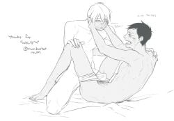 aomine_daiki blush covering_eyes covering_face daiki_aomine gay grayscale kise_ryouta kuroko's_basketball kuroko_no_basuke male male/male missionary_position ryota_kise short_hair shy tan_skin yaoi