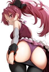 ai_generated artist_logo ass ass_focus back_view big_ass black_ribbon butt_focus hair_ribbon long_hair long_ponytail madoka_worship magical_girl magical_girl_outfit mahou_shoujo_madoka_magica ponytail puella_magi_madoka_magica pulling_panties pulling_panties_down red_eyes red_hair sakura_kyouko solo thong