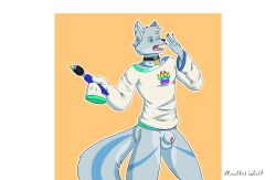 absurd_res animal_genitalia anthro balls blue_markings bottomless bottomless_anthro brush canid canine canis cel_shading claws clothed clothing collar digital_media_(artwork) dog_tags ear_markings flaccid footprint genitals hi_res howlfei howlfeiwolf mammal markings open_mouth oversized_clothing oversized_sleeves paint paintbrush pawprint penis rainbow shaded sheath shirt simple_background solo sweater tail teeth tired tongue topwear wolf yawn