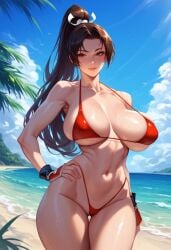 1girls 2d ai_generated beach big_breasts bikini day fatal_fury hand_on_hip highleg king_of_fighters long_hair mai_shiranui micro_bikini outdoors ponytail red_bikini red_micro_bikini solo solo_female solo_focus tagme wide_hips