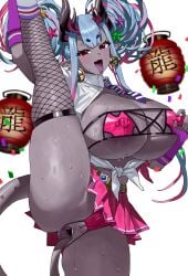 absurdres anus ass_cutout bikini blue_hair breasts cheerleader clothing_cutout colored_skin covered_nipples earrings eyepatch_bikini fate/grand_order fate_(series) feipin_zhanshi female fishnet_thighhighs fishnets grey_skin hair_ornament highres holding holding_pom_poms hoop_earrings horns huge_breasts ibuki_douji_(fate) ibuki_douji_(swimsuit_berserker)_(fate) ibuki_douji_(swimsuit_berserker)_(second_ascension)_(fate) jewelry looking_at_viewer miniskirt multicolored_hair oni open_mouth piercing pink_bikini pink_hair pink_skirt pleated_skirt pointy_ears pom_pom_(cheerleading) red_eyes shirt skirt solo split spread_anus standing standing_on_one_leg standing_split star_(symbol) star_hair_ornament swimsuit tail_in_ass thighhighs tied_shirt tongue tongue_out tongue_piercing two-tone_hair