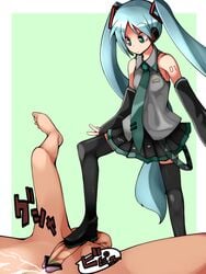 1boy 1girls aqua_hair armpits bare_shoulders barefoot big_penis big_testicles bootjob boots censored clothed clothed_female_nude_male cock_and_ball_torture confused crotch_stomp cum detached_sleeves ejaculation feet female foot_fetish footjob gloves green_eyes hatsune_miku headset highres irodori_(irotoridori) larger_male long_hair looking_down necktie nude penis shirt shoe_fetish shoejob shoes size_difference skirt small_breasts smaller_female spread_legs standing tattoo testicles text thigh_boots thighhighs tied_hair twintails very_long_hair vocaloid