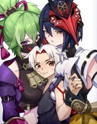 1boy 2girls arataki_itto between_breasts bigger_female breast_press breasts_pressed_against_partner female genshin_impact green_hair height_difference jrpuls3 kujou_sara kuki_shinobu male male/female male/female/female mask oni oni_horns purple_hair red_horns sandwiched smaller_male squish squished_breasts taller_female white_hair