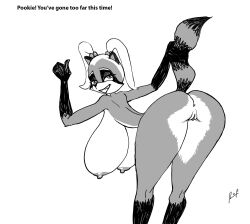 2014 anthro anus areola ass bent_over big_breasts big_butt breasts countershading eyebrows female flufdustbunny genitals gesture gloves_(marking) grabbing_own_tail greyscale grin hand_gesture huge_breasts hyper hyper_breasts leg_markings mammal markings monochrome nipples nude pookie_(flufdustbunny) procyonid pussy raccoon rear_view simple_background smile socks_(marking) solo tagme tail text thick_thighs thumbs_up twintails_(hairstyle) white_background