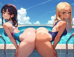 2girls ai_generated arched_back ass ass-to-ass back back_cutout bangs bare_shoulders beach bent_over black_hair blonde_hair blue_eyes blue_one-piece_swimsuit blue_sky blue_swimsuit blush breasts brown_eyes closed_mouth clothing cloud competition_swimsuit dark-skinned_female dark_skin day female from_behind green_eyes highleg highleg_swimsuit huge_ass large_breasts long_hair looking_at_viewer looking_back medium_breasts multiple_girls ocean one-piece_swimsuit one-piece_tan original outdoors pool pool_ladder shiny sky smile swimsuit tank_suit tanlines tanned thick_thighs thighs tiles water wet wet_hair