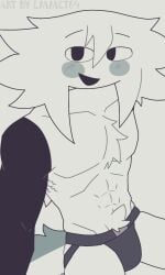 1boy 2024 abs biceps black_arms blank_background blush blush_lines bulge bulge_through_clothing bushy_pubes bushy_tail chest_fur chest_hair chest_tuft digital_drawing digital_media emmet64_(artist) engel_(fundamental_paper_education) fluffy_chest fluffy_tail fpe fundamental_paper_education hair_down happy_trail ibispaintx jockstrap jockstrap_only looking_at_viewer male male_only monochrome muscular muscular_arms muscular_male pecs pectorals pubes pubic_tuft self_upload sitting smile smiling_at_viewer solo tail tuft twink twunk underwear underwear_only white_hair