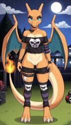 1girls 2024 ai_generated anthro ass_visible_through_thighs bare_shoulders black_clothing blue_eyes body_paint breasts charizard cleavage curvy_female curvy_figure digitigrade emo eyeliner eyeshadow female female_only fire fire_light flashing_pussy generation_1_pokemon half-closed_eyes hi_res horns innie_pussy looking_at_viewer moon mostly_clothed night nintendo orange_body outdoors plump_labia pokemon pokemon_(species) pussy shorts shorts_down showing_pussy smile spiked_bracelet thick_thighs thighhighs wings