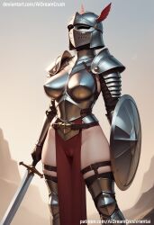 ai_generated aidreamcrush armor belt breasts bulge clothes curvy female hair no_panties standing