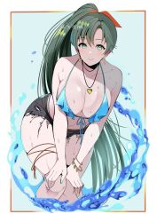 1girls alternate_costume bent_over bikini blue_bikini blue_swimsuit blush breasts cleavage earrings fe135700 fire_emblem fire_emblem:_the_blazing_blade green_eyes green_hair high_ponytail highres jewelry large_breasts long_hair looking_at_viewer lyn_(fire_emblem) nintendo ponytail shorts smile swimsuit water