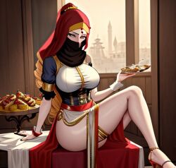 1girls ai_generated female food hijab sitting tagme
