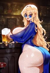 ai_generated azur_lane beer big_ass blonde_hair blue-tinted_eyewear blue_dress dress fishnets implacable_(azur_lane) looking_over_eyewear looking_over_sunglasses sunglasses tinted_eyewear