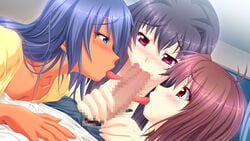 3girls blue_eyes blue_hair blush brown_hair censored collaborative_fellatio dark_skin fellatio female game_cg gokkun_athlete!_kyonyuu_medalist_no_oshaburi_kyouka_gasshuku hair harem kaoru_route licking long_hair mieri_route miku_route multiple_girls oral penis pink_eyes purple_hair red_eyes short_hair teamwork tongue