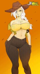 braid braided_ponytail busty clothed_female cow_girl crop_top green_eyes huge_ass huge_breasts jay-marvel oc original original_character pants thick_thighs tight_clothing white_hair